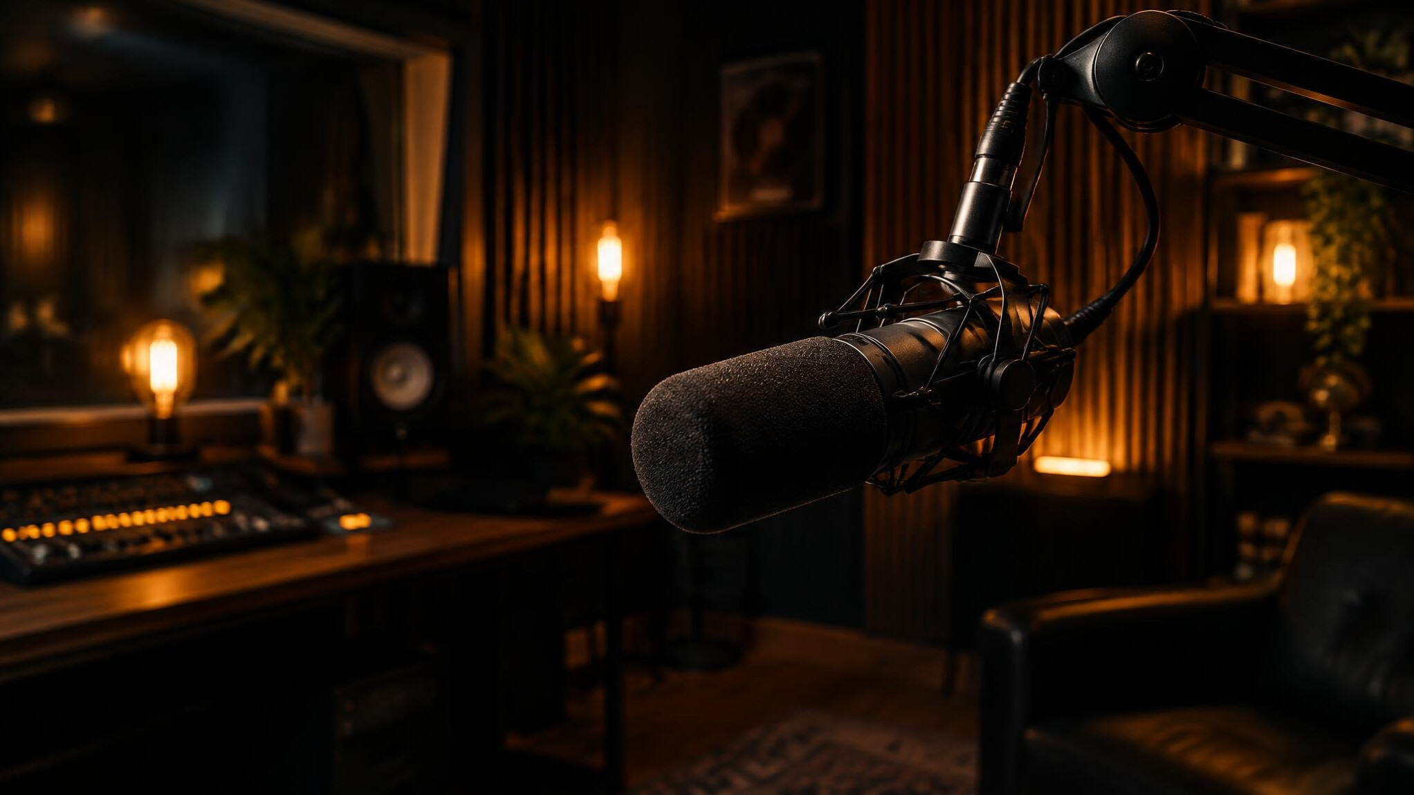 Professional podcast microphone in a dark recording studio