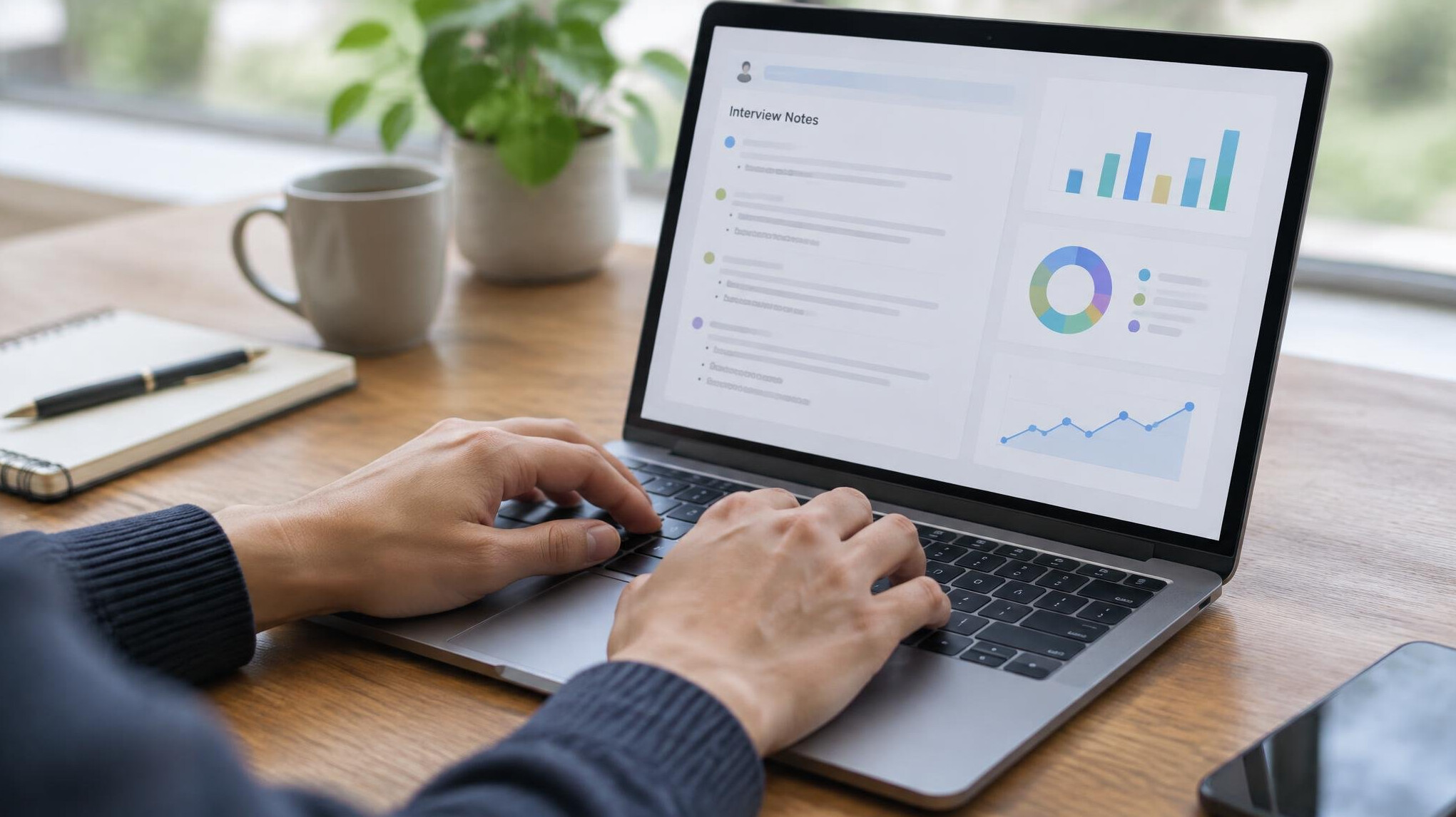 Hands typing on a laptop with analytics on the screen